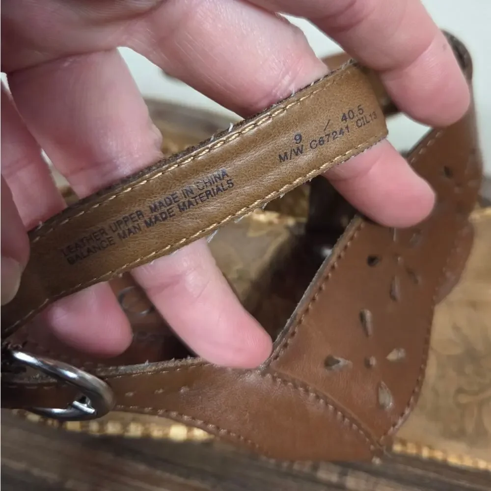 Born Concept Woman's Brown Leather Wedge Heel Tan Weave Sandal Size 9 Boho Indie